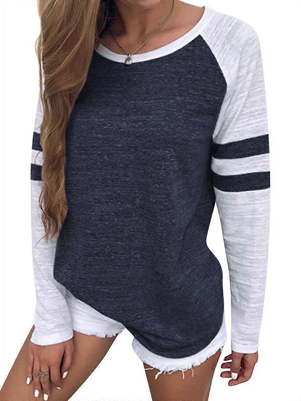 Women's Stripe Stitch Colorblock Pullover Shirt, Long Sleeve Casual T-shirt