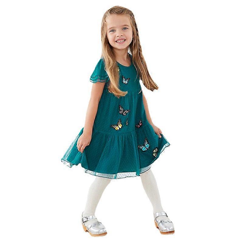 סגנון חמוד אופנתי שמלה לילדה קטנה קיץ תחרה רקומה פרפר ירוק כהה שמלה
