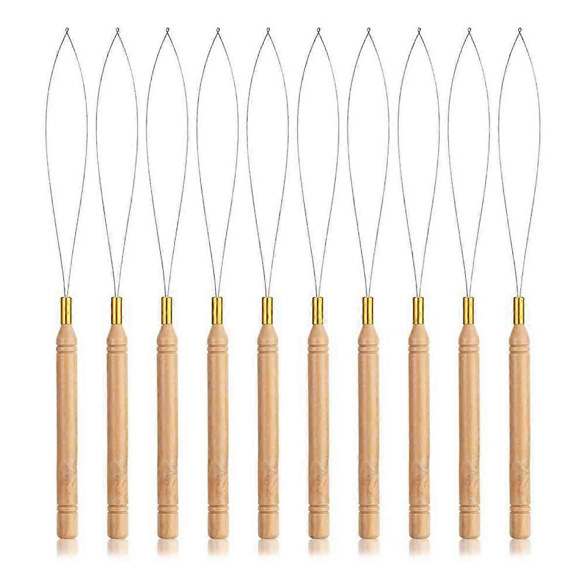 Hair Extensions Loop Needle Threader Pulling Hook, Needle Threaders with Wooden Handle Bead Threader for Hair Extension