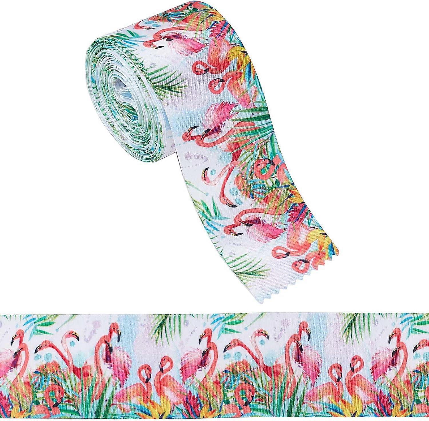 10 Yards Printed Polyester Ribbon Wired Edge Flamingo Pattern Ribbons Spring Summer Fabric Craft Decorative Ribbon for DIY Crafts Gift Wrapping Party