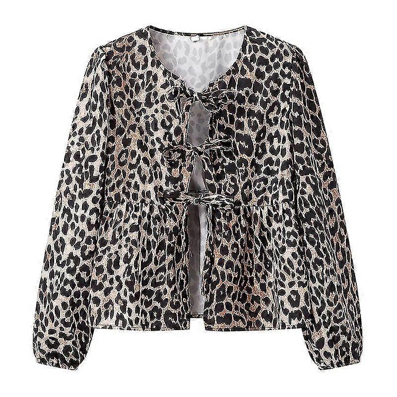 المرأة القوس الدانتيل حتى القمصان عارضة ليوبارد طباعة كم طويل يا بلوزات الرقبة