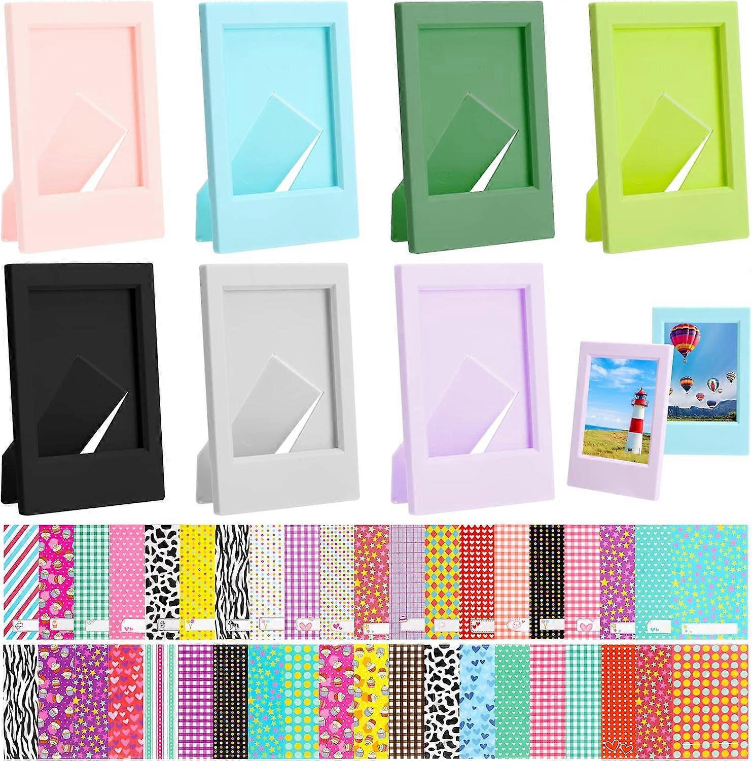7 Pcs Mini Photo Frames Compatible with Fujifilm Instax Plastic Instant Photo Frames with 40 Pcs Photo Frame Stickers Colorful Mini Camera Accessories