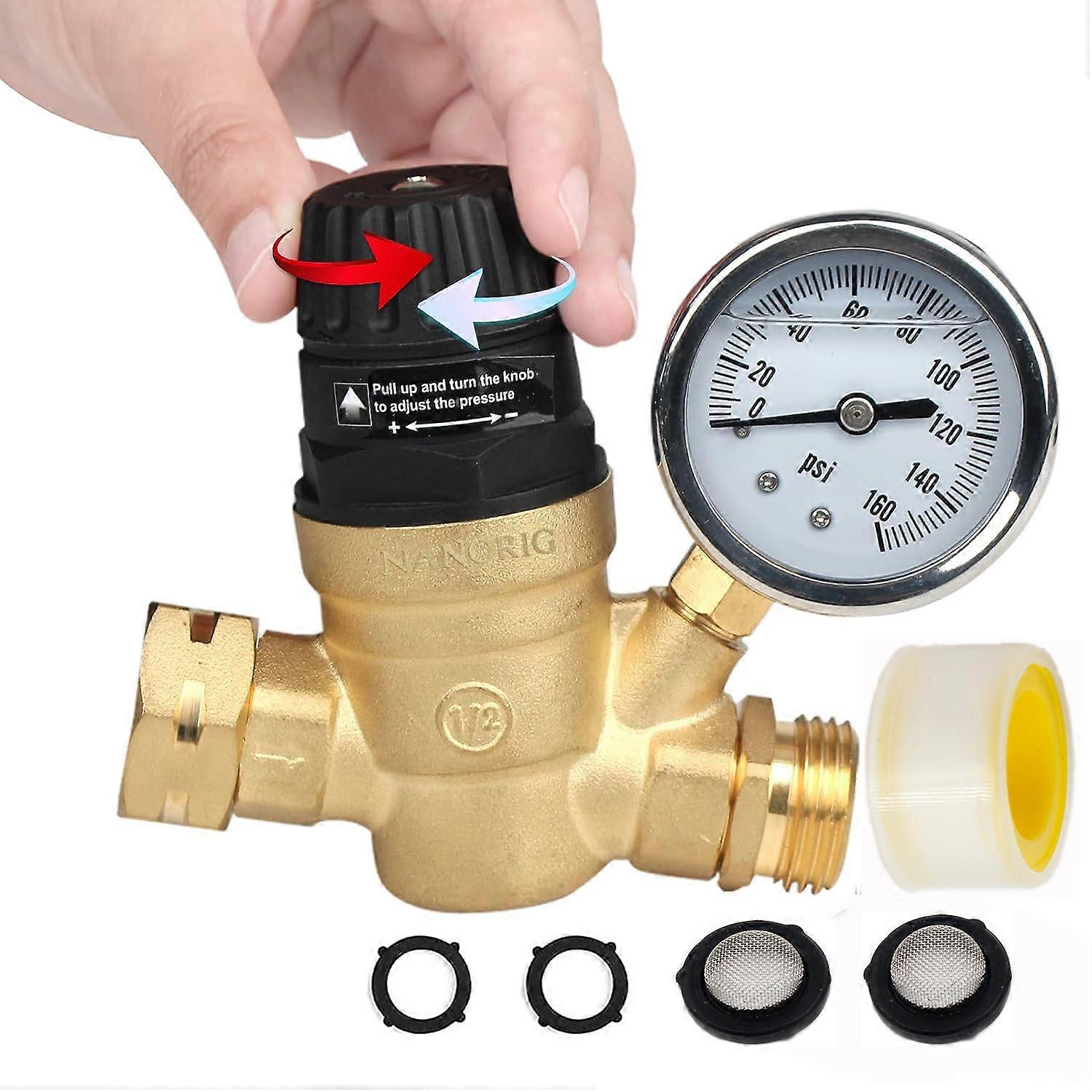 RV Water Pressure Regulator for RV Camper Brass Lead-Free Adjustable RV Water Pressure Regulator with 0-160 PSI Gauge -GSLA 6.18