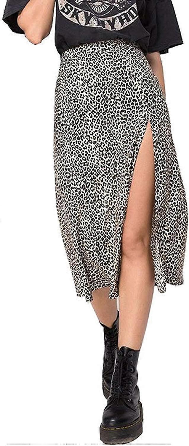 Womens Sexy Split Skirt Leopard Print High Low Split A Line Midi Skirt High Waist Elasticized S-2XL