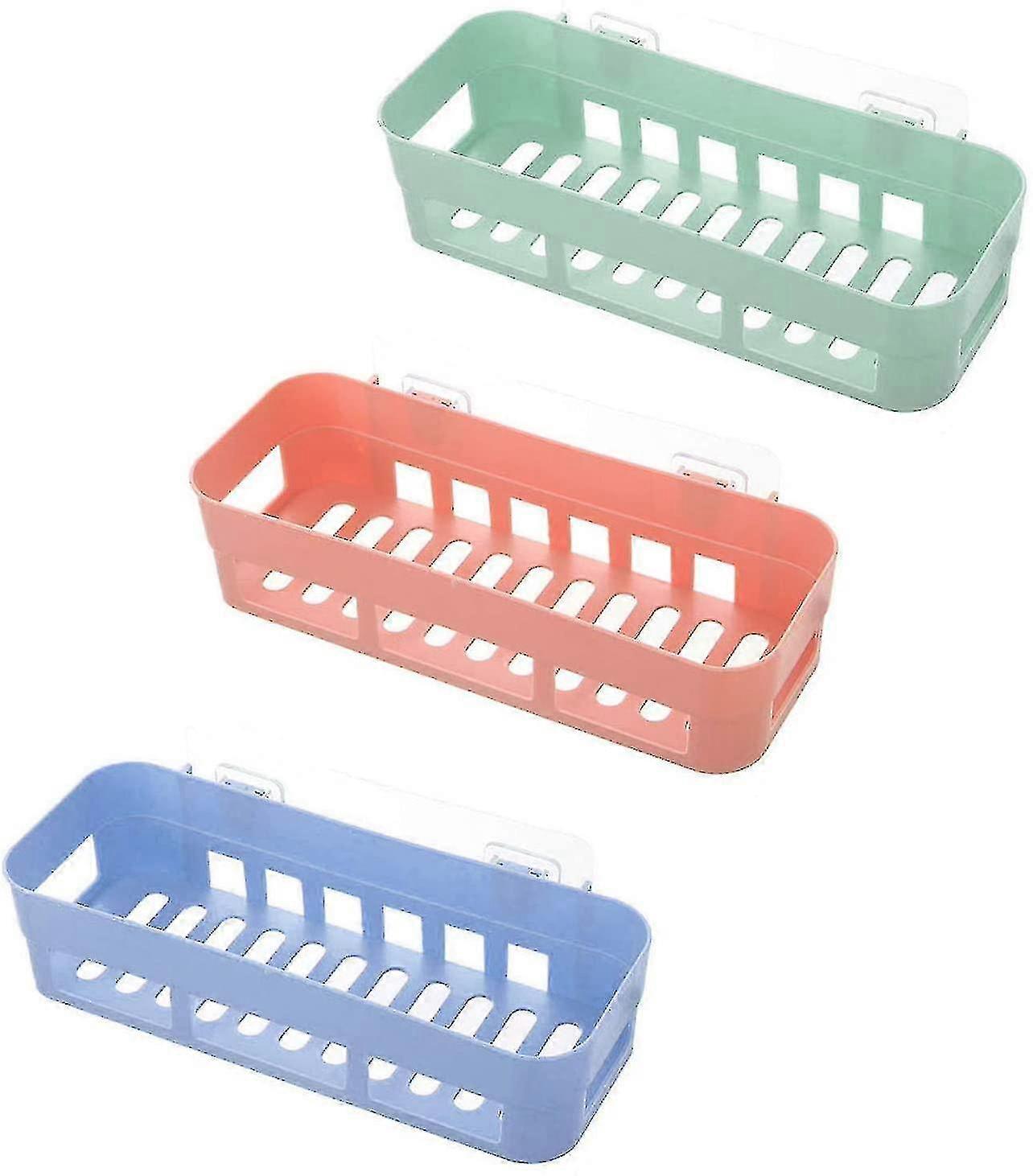 3 Pcs Bathroom Storage Shelves, Self Adhesive Rustproof Rectangular Baskets, No Drilling Shower Shelf For Shampoo Soap (light Blue, Light Green, Light