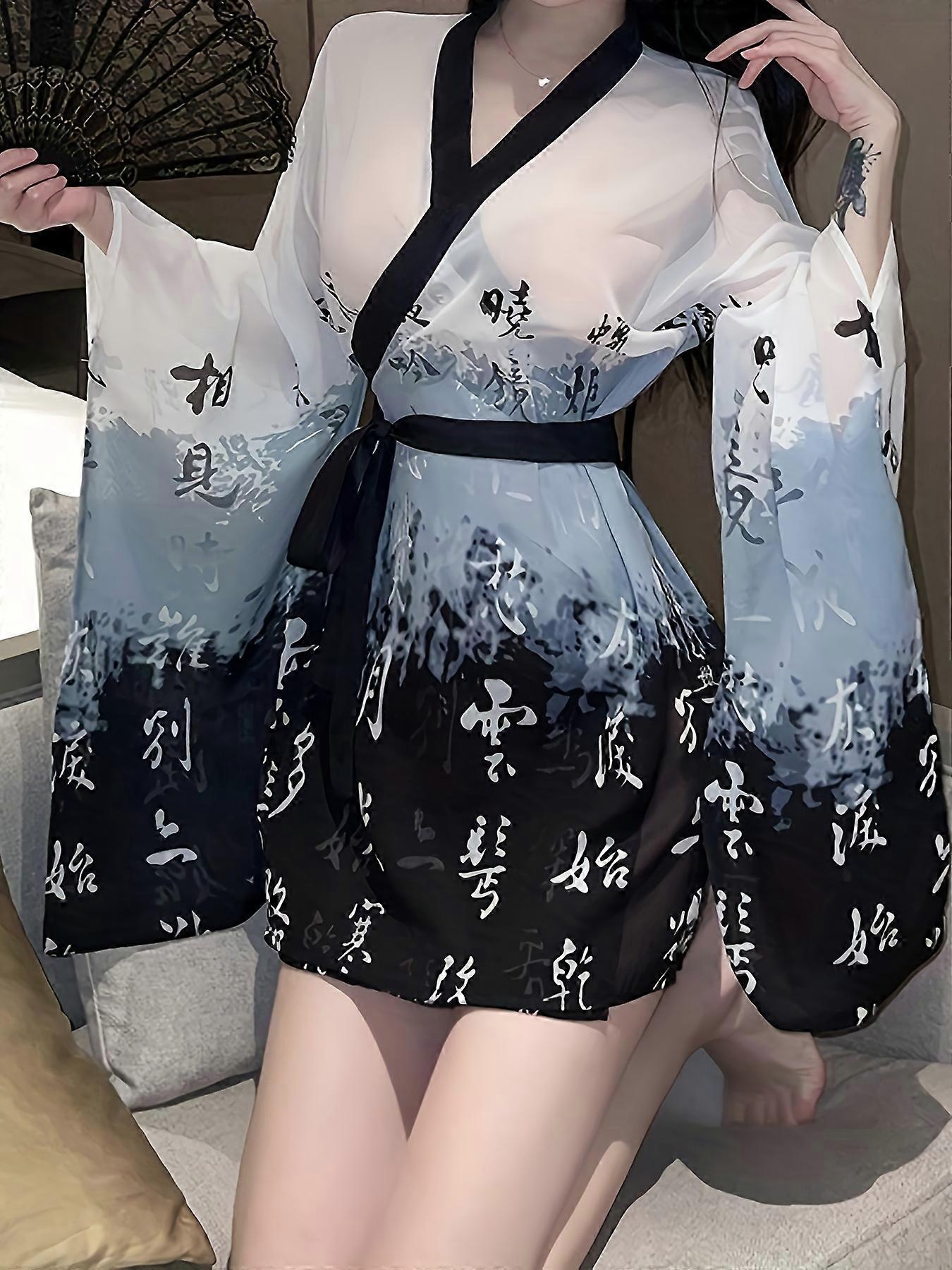 New style Women's Plus Naughty Lingerie Robe, Plus Size Chinese Calligraphy Print Open Front Perspective Ombre Robe