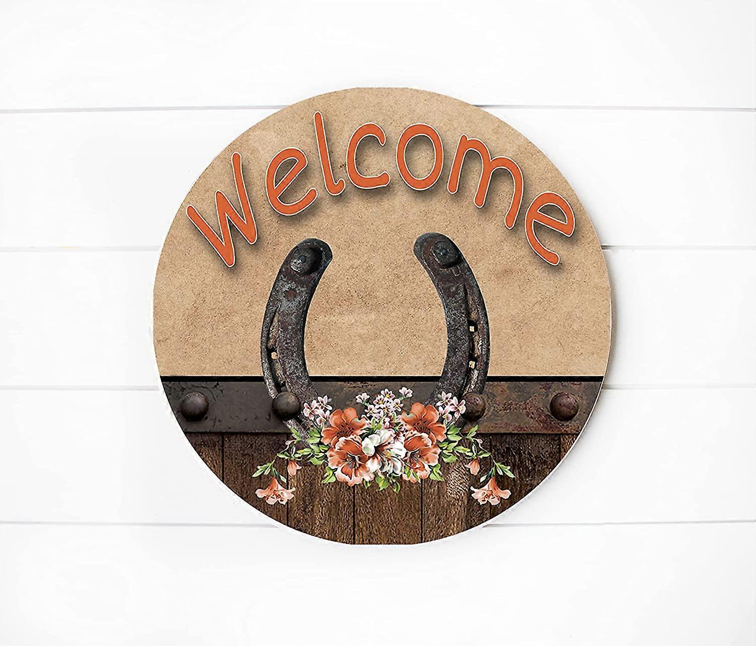 Placa de Madeira Redonda Impressa à Mão de Boas-vindas em Ferradura (8 polegadas com cabide de serra)