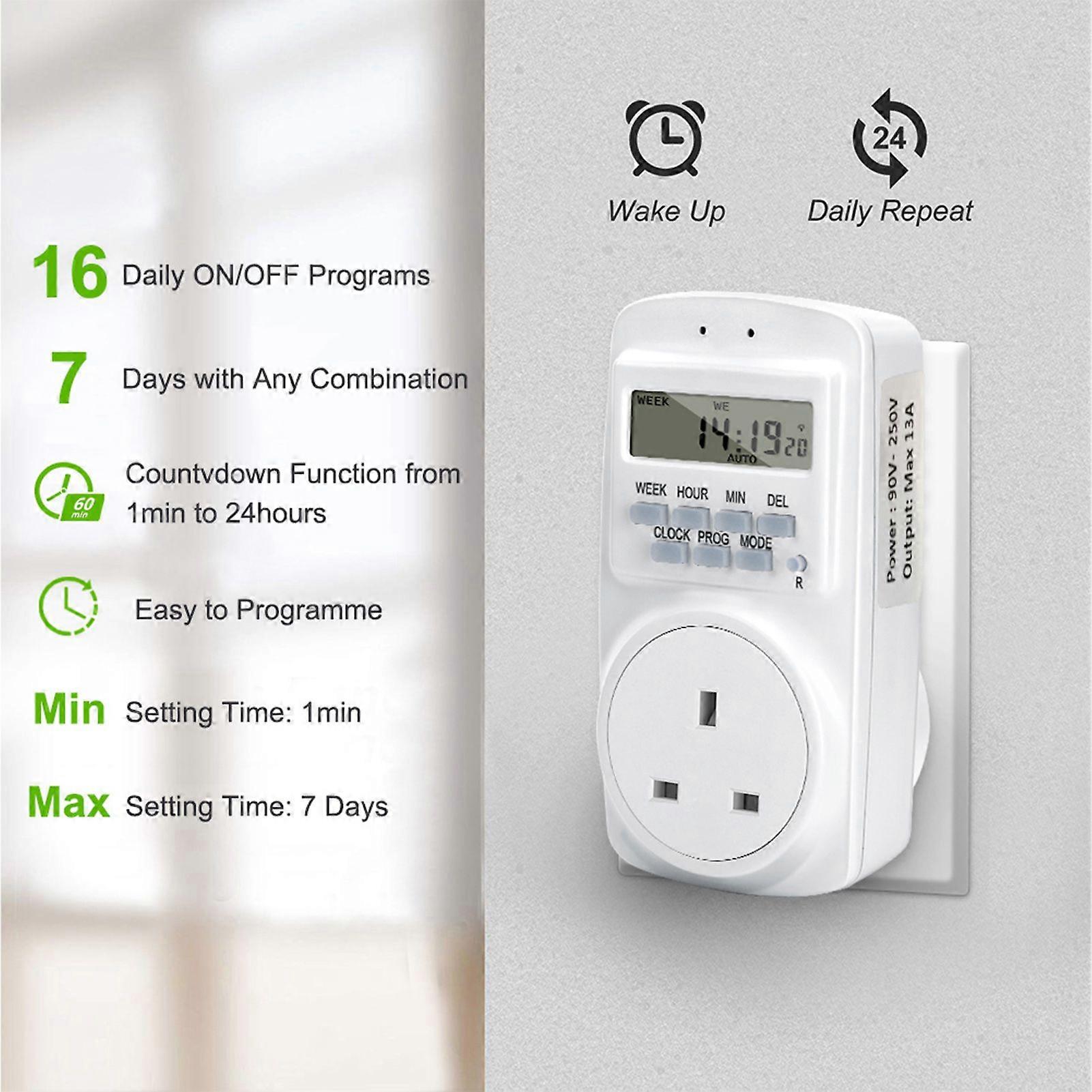 Digital Electrical UK Plug Timer Socket, 24 Hours 7 Day Weekly 16 Groups Programmable Light Edition