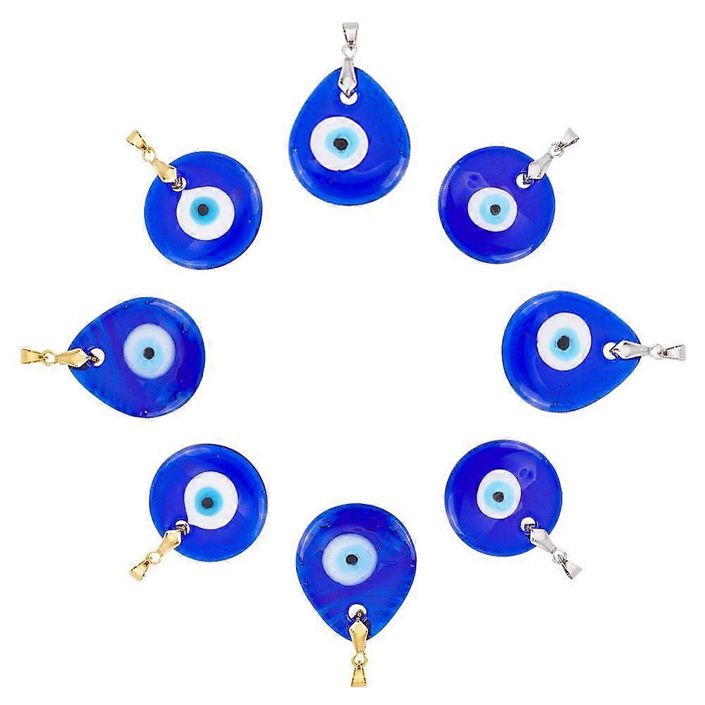 8Pcs 4 Style Handmade Lampwork Evil Eye Pendants with Grade AA Brass Ice Pick Pinch Bails Finding Teardrop & Flat Round Dark Blue 30~41x30x5~6mm Hole: