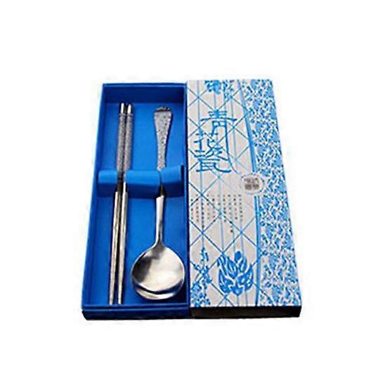 2Pcs Stainless Steel Blue and White Porcelain Chopsticks Spoon Tableware Set