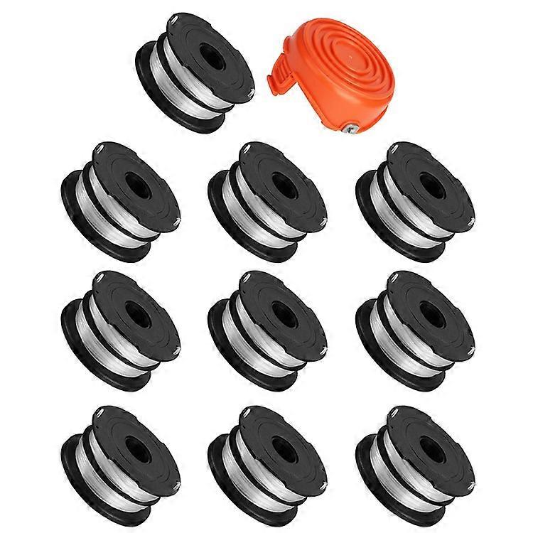 10 Replacement Spool + 1 Spool Cap Compatible For Black & Decker GH750 / GH710 / GH700 Lawn Mower, DF-065-BKP / RC-065-P&90517