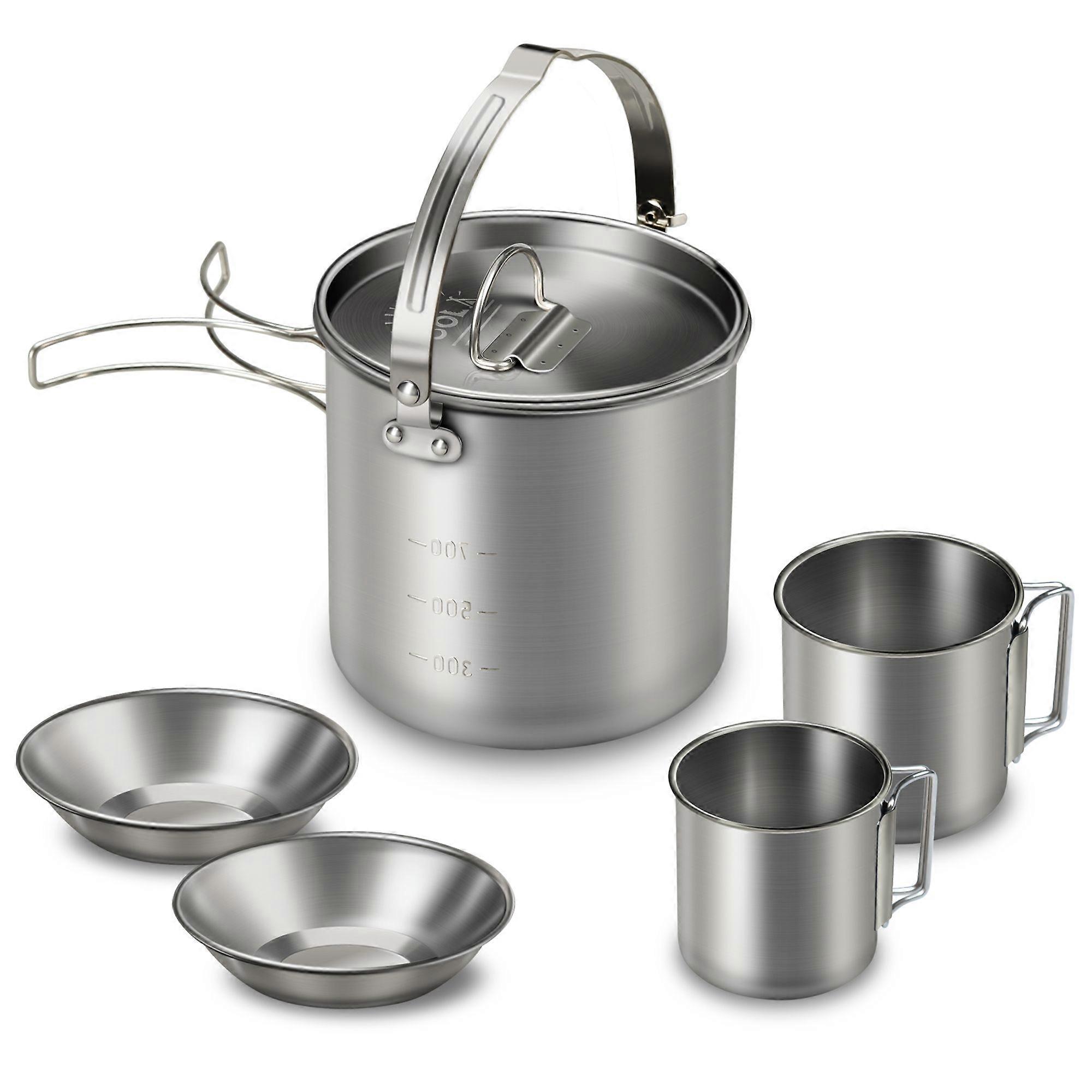 5PCS Stainless Steel Kettle with 2 Cups 2 Bowls Foldable Handles Lid Large Capacity Portable Tea Coffee Water Cooking Pot for Camping Hiking Picnic Ou