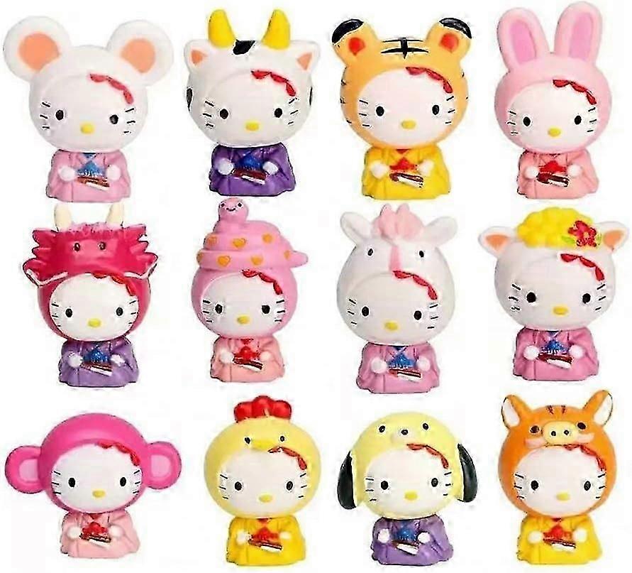 لطيف الكرتون 12 الصينية زودياك اللعب التمثال Playset، لعبة صغيرة لطيف حديقة كعكة الديكور النبات