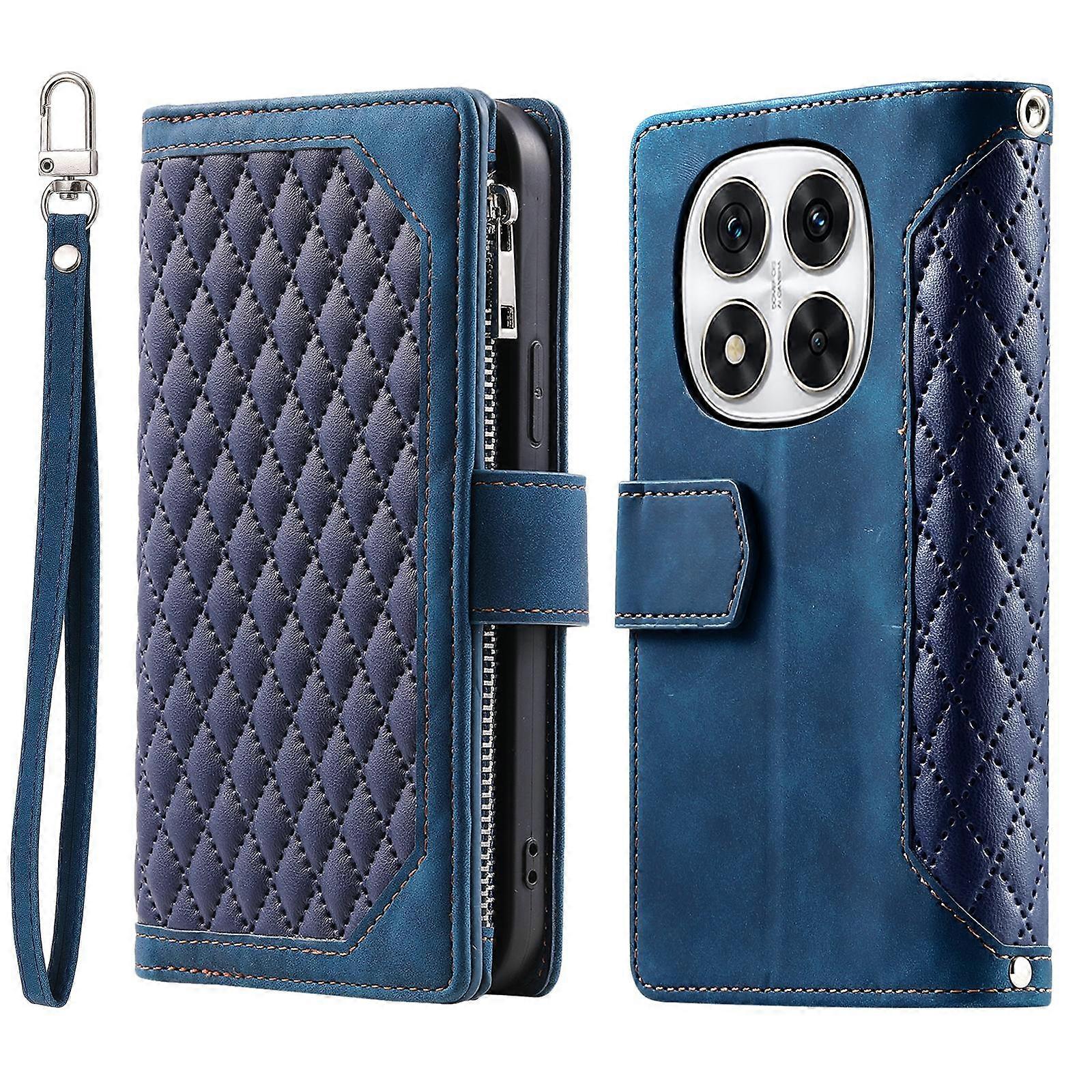 Grid Texture Zipper Leather Phone Case with Lanyard