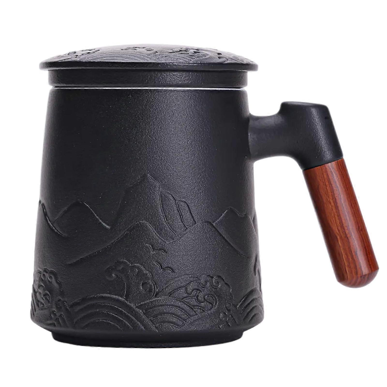 Tea Cup with Infuser and Lid, 17 Oz Black Ceramic Microwave Safe Mug with Handle, Gradient Embossed for Loose Leaf Tea