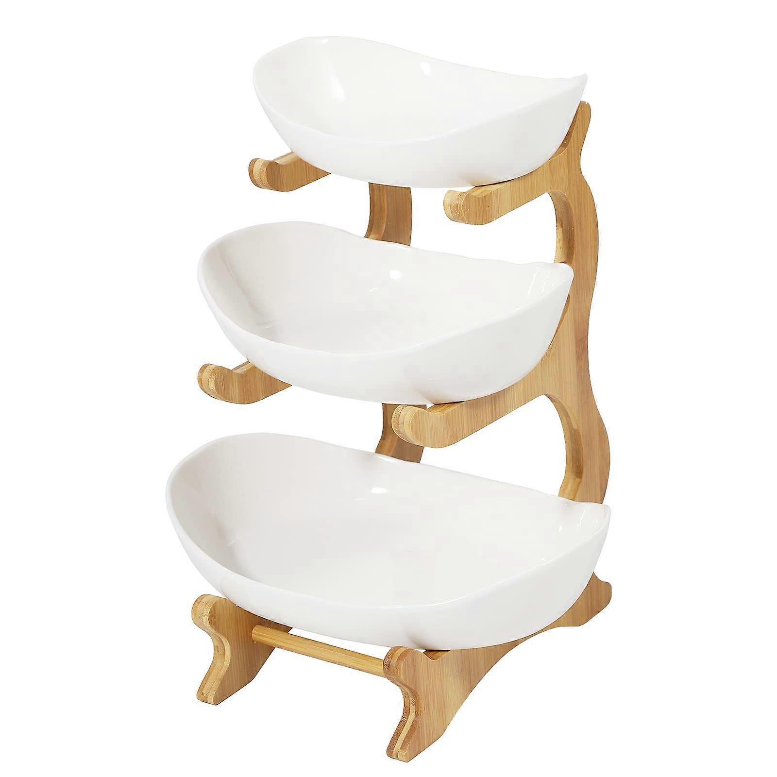 3 Tier White Ceramic Fruit Bowl Set with Bamboo Holder for Kitchen Counter Storage, Snacks, Nuts, Bread, Candy