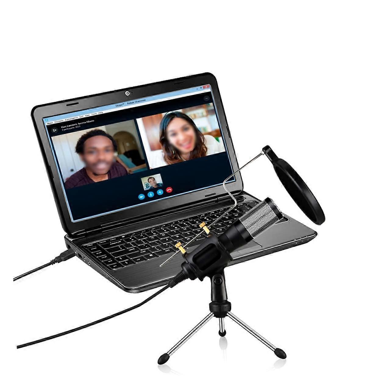 Plug and Play Microphone for Computer with Tripod Stand, Long-Distance Black Driver Mic, Compatible with PC and Laptop