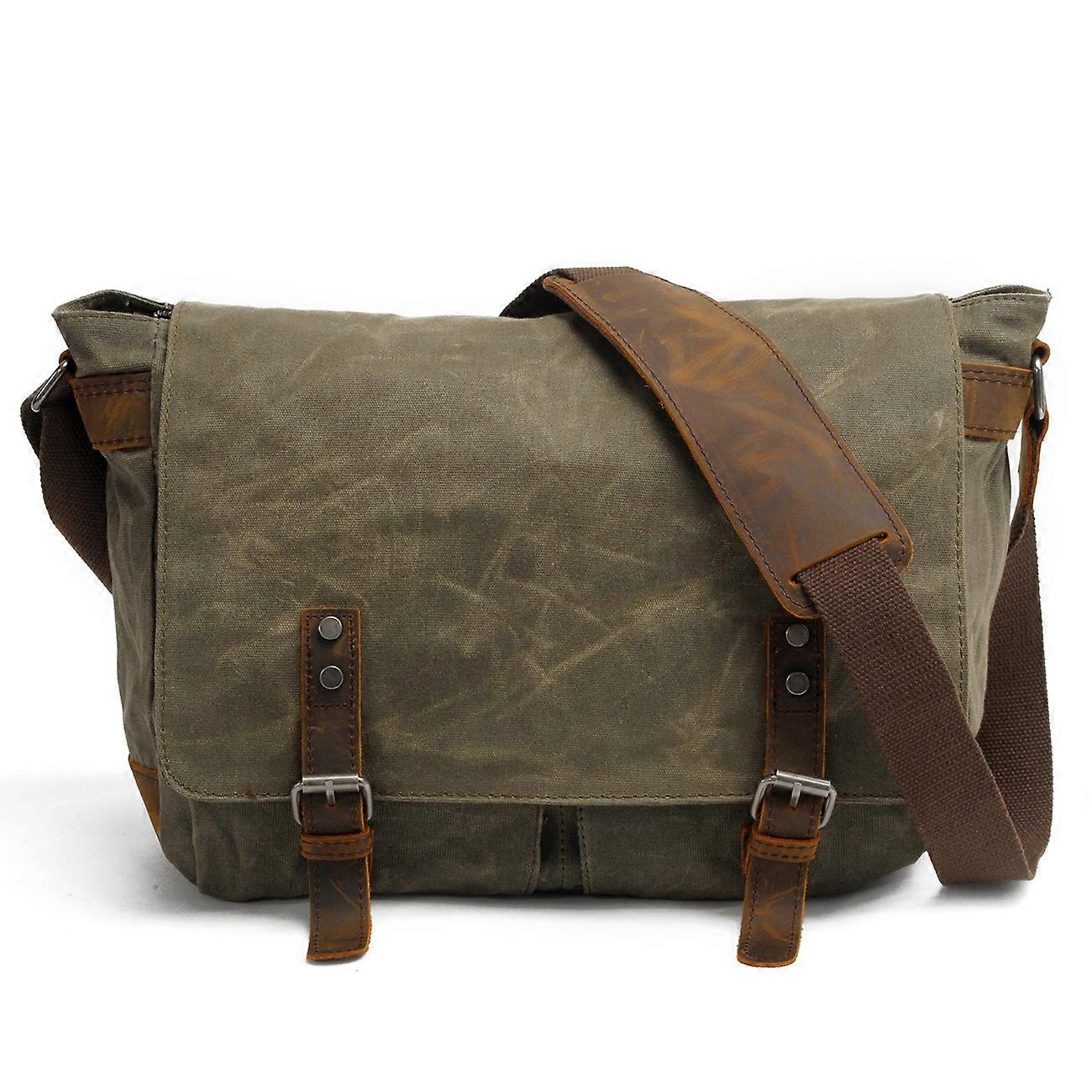 Vaxad canvas messenger bag för bärbar dator, justerbar axel crossbody skolväska, vattenavvisande, 15-tums, brun färg