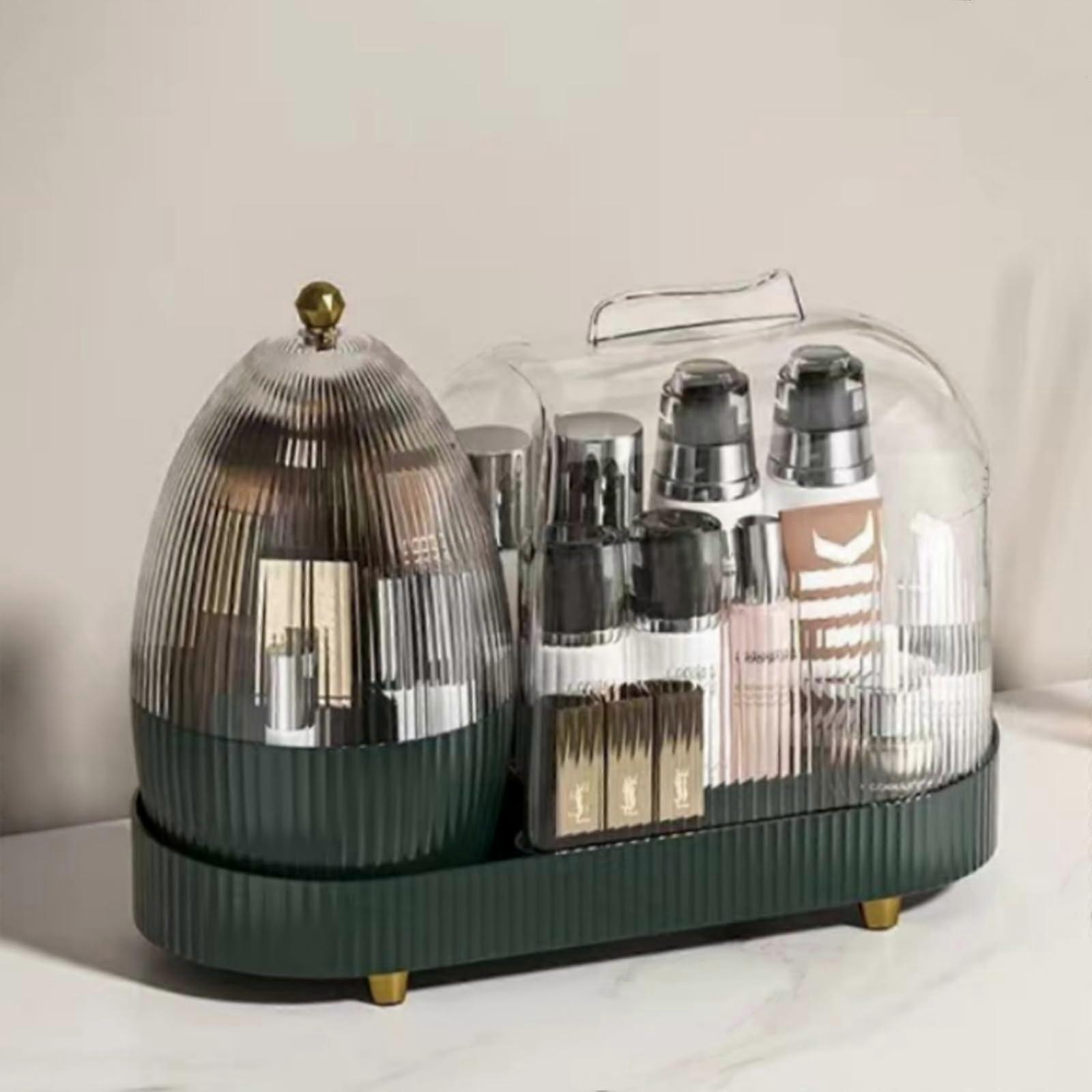 360 Rotating Makeup Organizer with Lid, Large Capacity Green Cosmetic Storage Case, Rotatable Makeup Display Rack