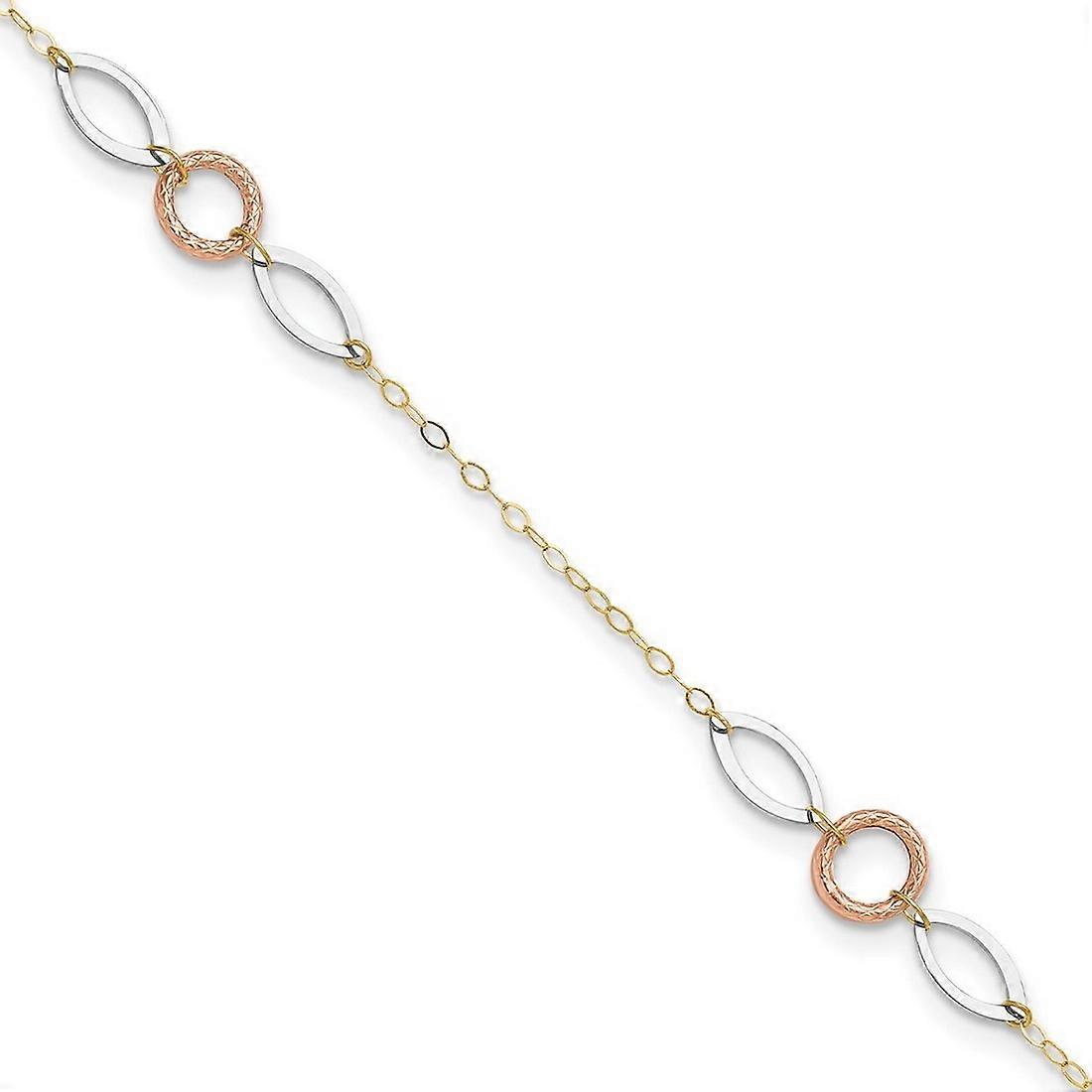 14k Tri Color Polished Spring-Ring Gold Circle and Oval With 1inch Ext Anklet 1mm Wide-Anklet for Women - Length: 10 to
