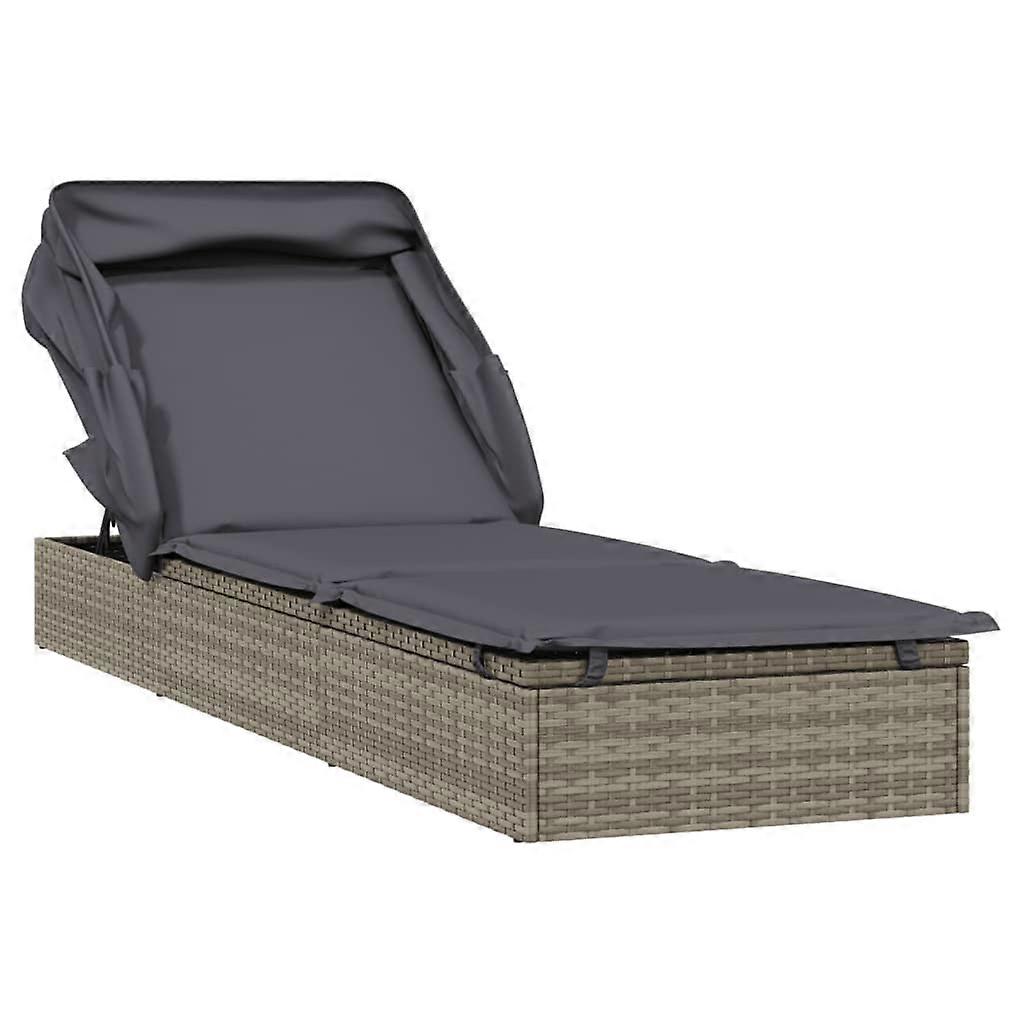 Sunbed With Foldable Roof Grey 213X63x97 Cm Poly Rattan Loungers