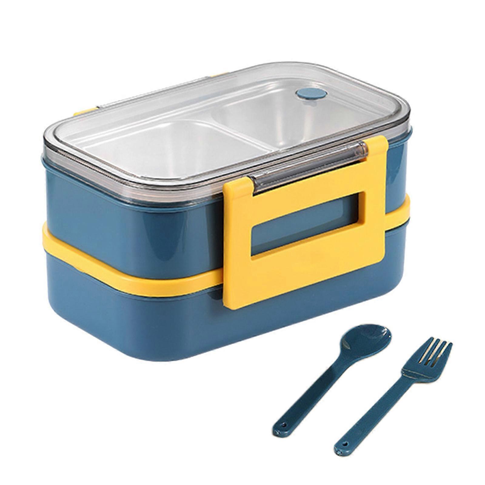 Lunch Box 2 Layers Student Office Worker Microwave Safe Bento Box Outdoor Picnic Fruit Food Container for w/ Fork Spoon  Blue