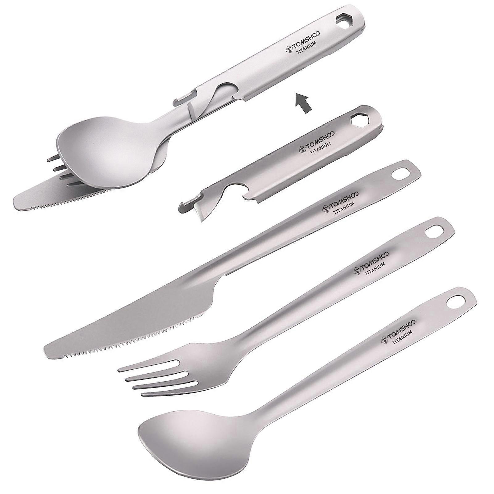 4-in-1 Titanium Flatware Cutlery Set Lightweight Spoon Fork Cutter with Multifunctional Storage Holder and Bottle Opener for Camping Hiking Picnic