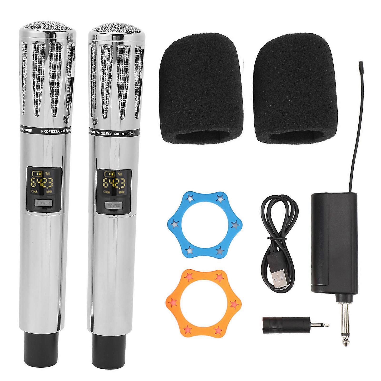 Wireless Microphone UHF Dual Handheld Cordless Dynamic Mic System with Receiver for Karaoke Speech Party Singing 100m Range Silver