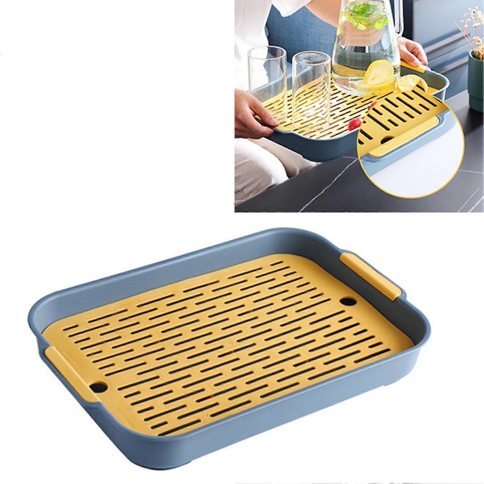 Double Layer Drain Tray Dish Drainer Drying Rack Plastic Tea Tray for Cup Bowl Fruit Rectangular 