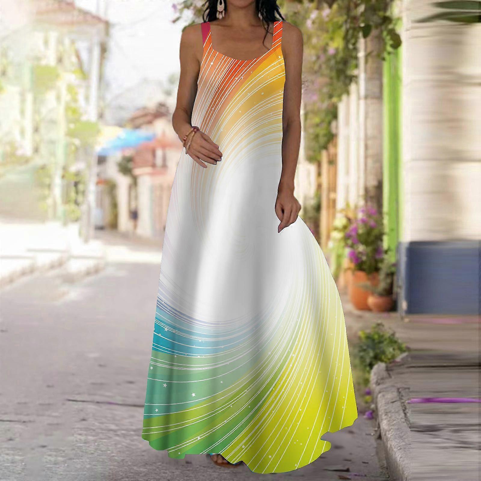 Dámské šaty slip dresy maxi dlouhé šaty s hvězdným duhovým potiskem, jaro a léto, výstřih do V, volný čas, dovolená