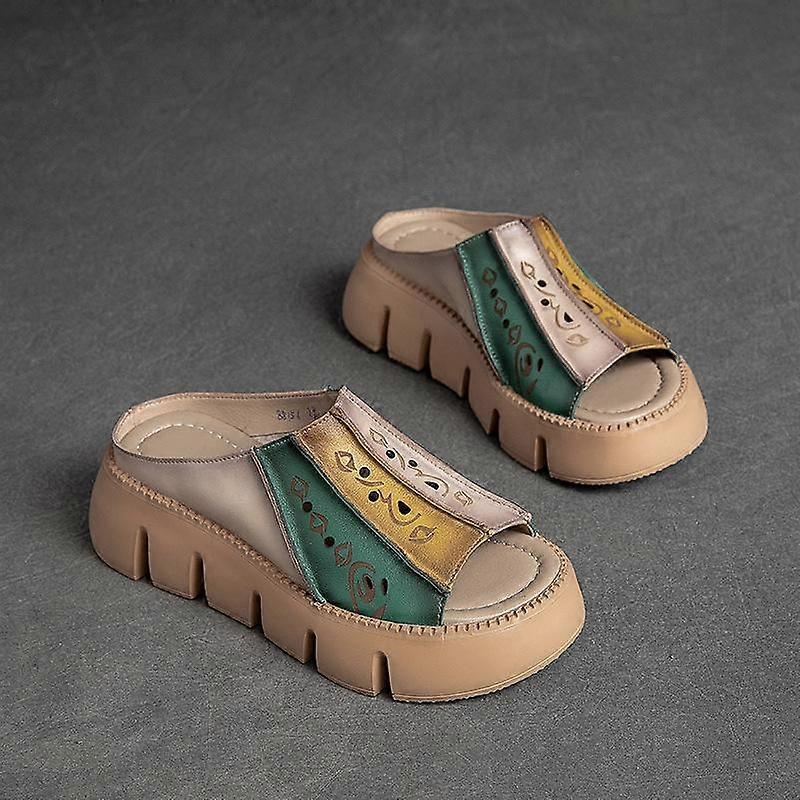 Johnature Genuine Leather Thick Soles Sandals Women Retro Wedges Slides Comfortable Outdoor Platform Slippers
