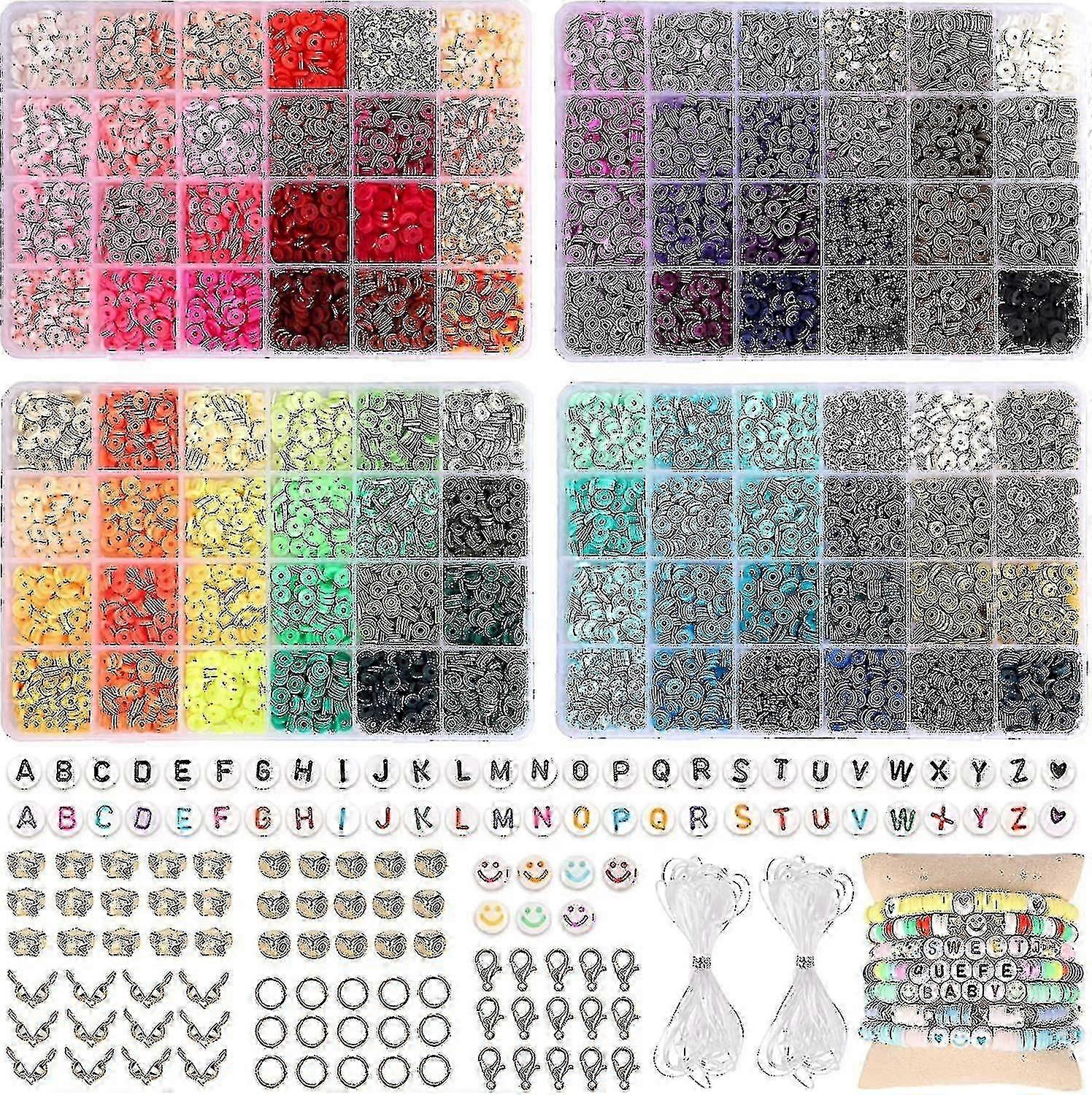 9600pcs Kit de Fabricação de Joias com 96 Cores, Espaçador Contas Smiley com Letras Heishi e Cordão Elástico