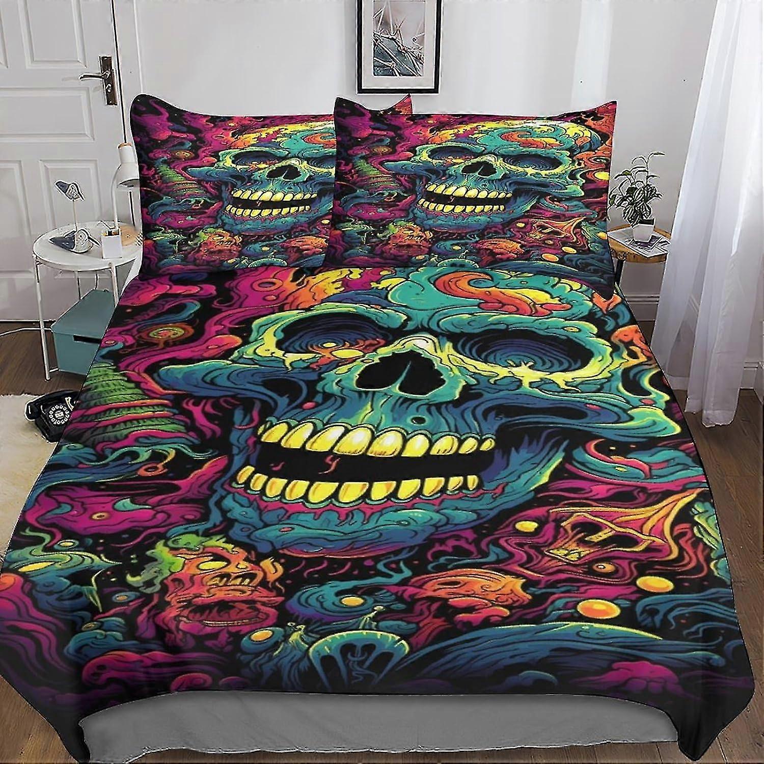 Conjunto de capa de edredom de caveira gótica para certas marcas, 3D Microfibra Poliéster Conjunto de cama de 3 peças com fronhas e fecho de zíper