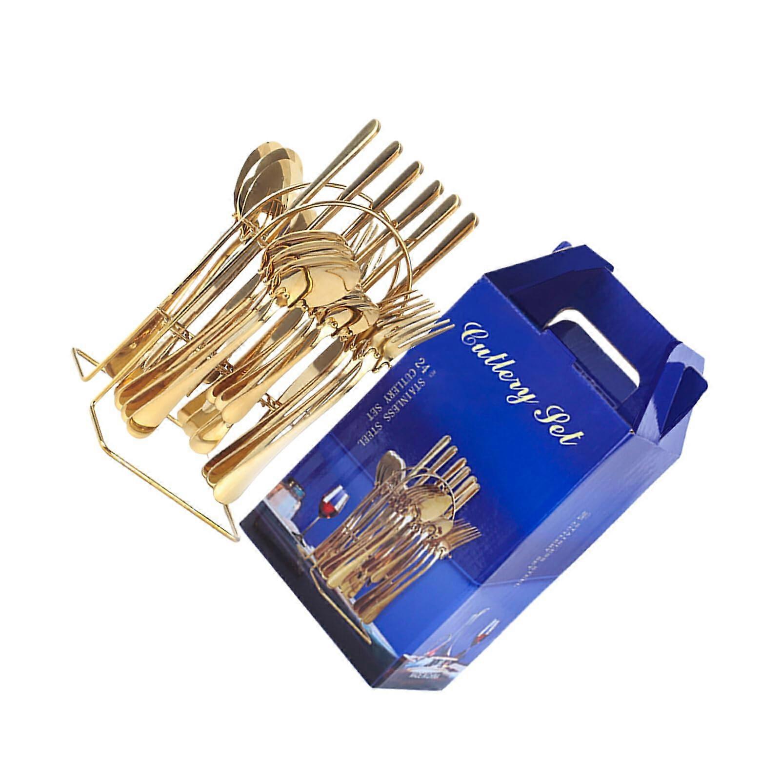 24piece/lot stainless steel cutlery set, durable dining tableware. 3. Comes with a hanging rack for easy storage, golden.