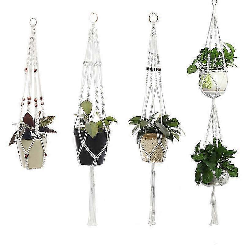 Set Of 4 Macrame Hanging Baskets Cotton Rope Hanging Planter Flower Pot Plant