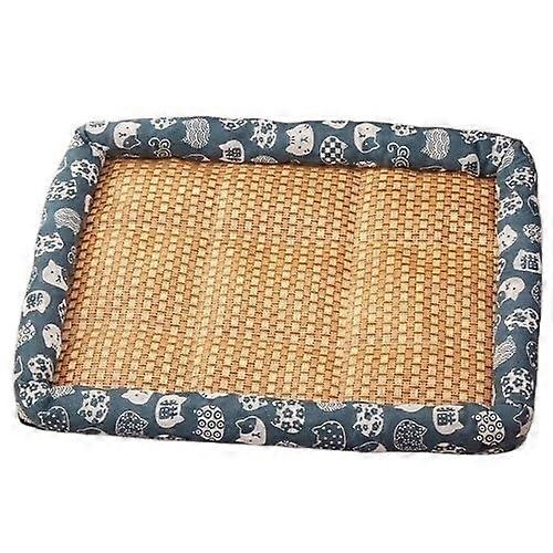 Pet Summer Mat, Cooling Sofa for Cats, Breathable Rattan, Moisture-Resistant, Blue Cat Design, Size M