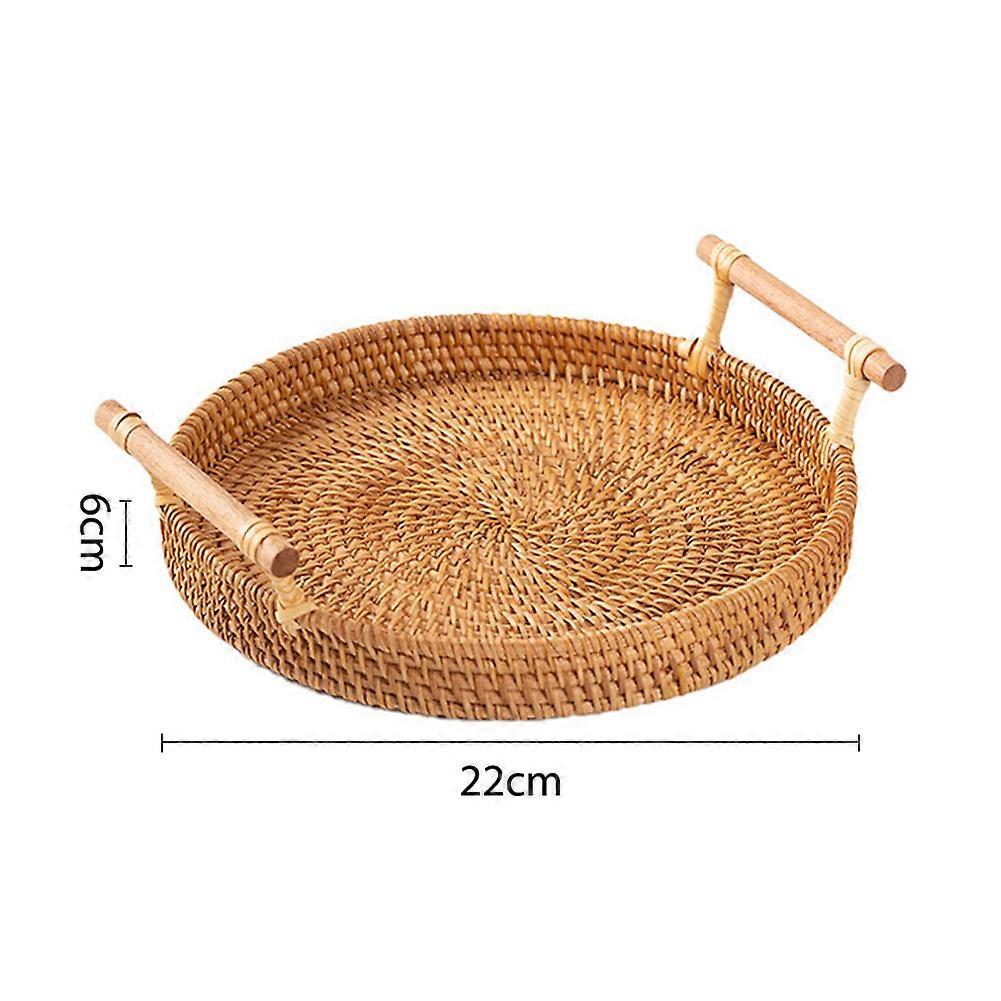 Portable Handwoven Round Rattan Fruit Storage Basket Snacks Serving Tray Plate Rack Home Table Decor