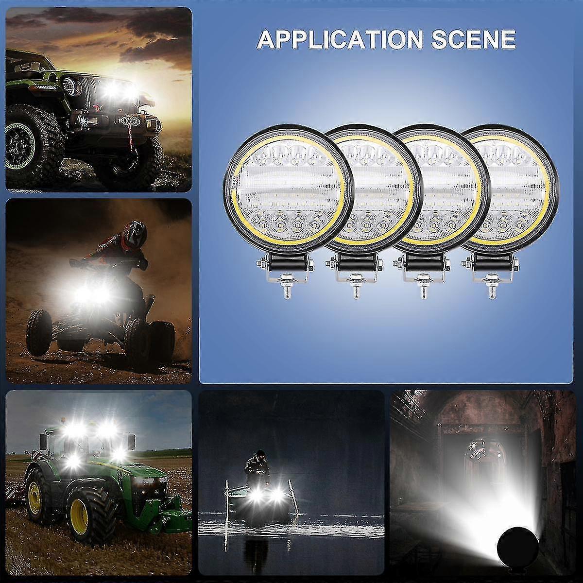 Round LED Work Lights, 4 Pieces, Combination of Spotlight and Floodlight, Suitable for Off-road SUVs, etc.