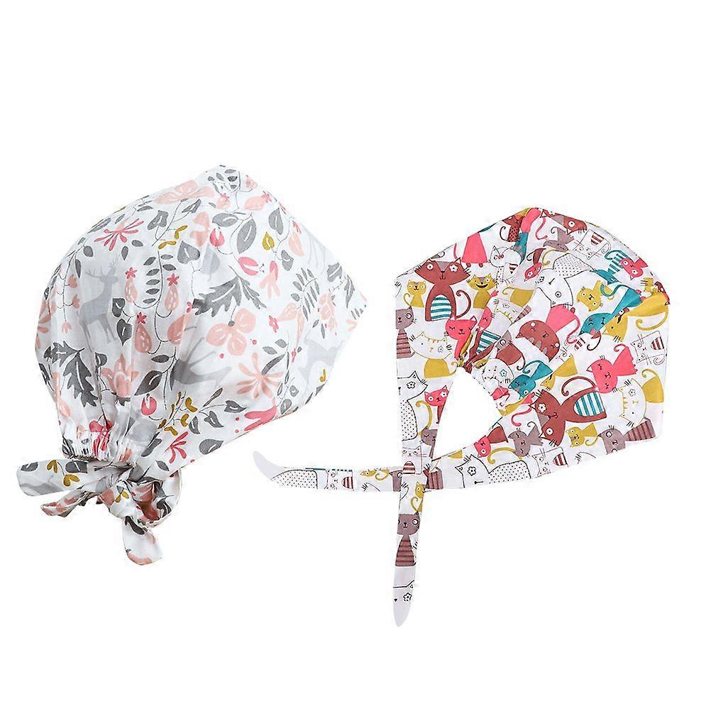 2Pcs Pure Cotton Printed Protective Headcloth Nightcap Adjustable Working Hat for Hairdressers Workers (Assorted Color, Flower)