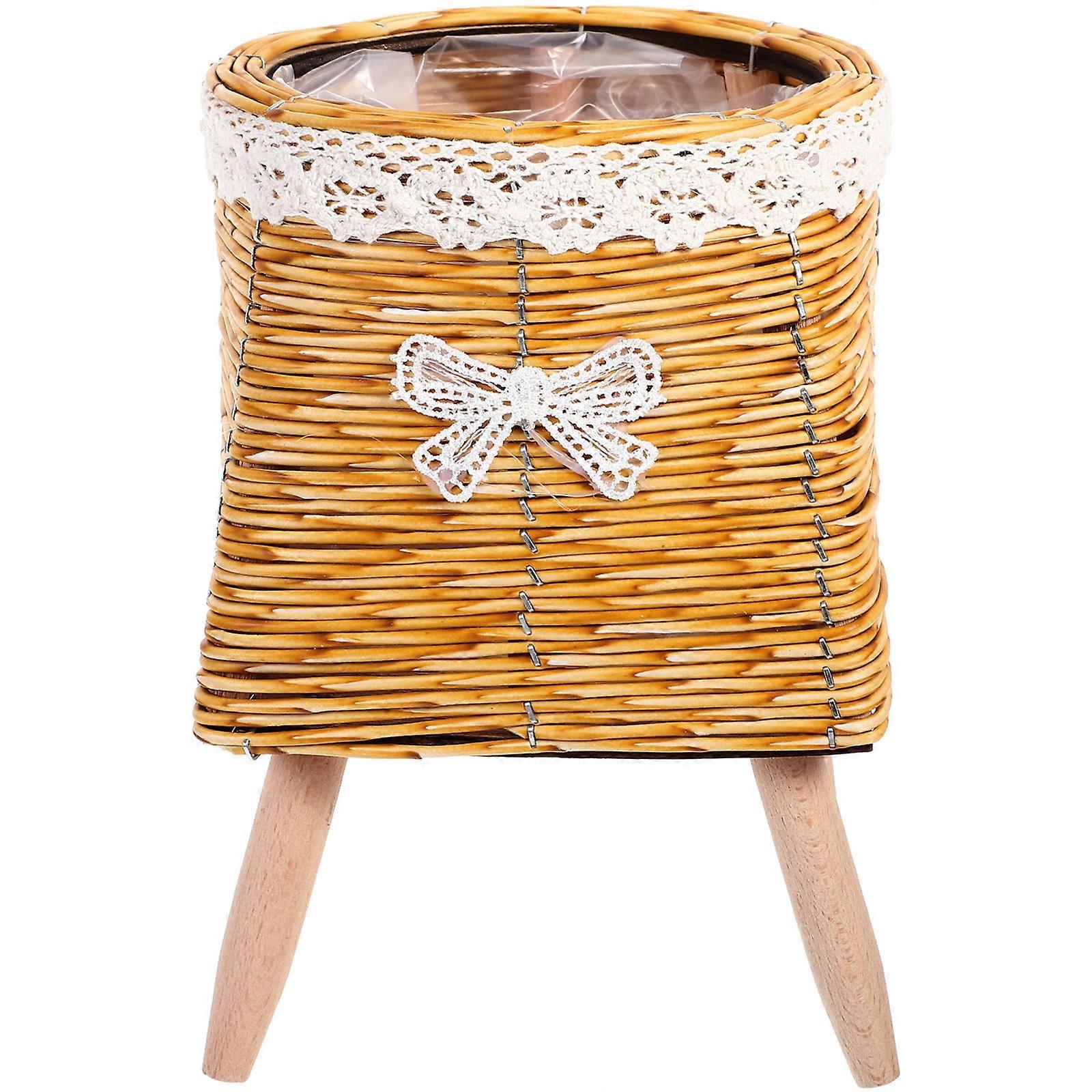 Light Brown Rattan Flower Pot Holder Wood Plant Stand for Indoor Use