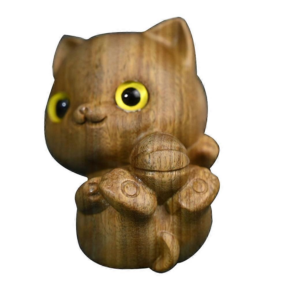 Carved Cat Figurine Wooden Cat Statue for Decor 2Pcs Desktop Ornament Set