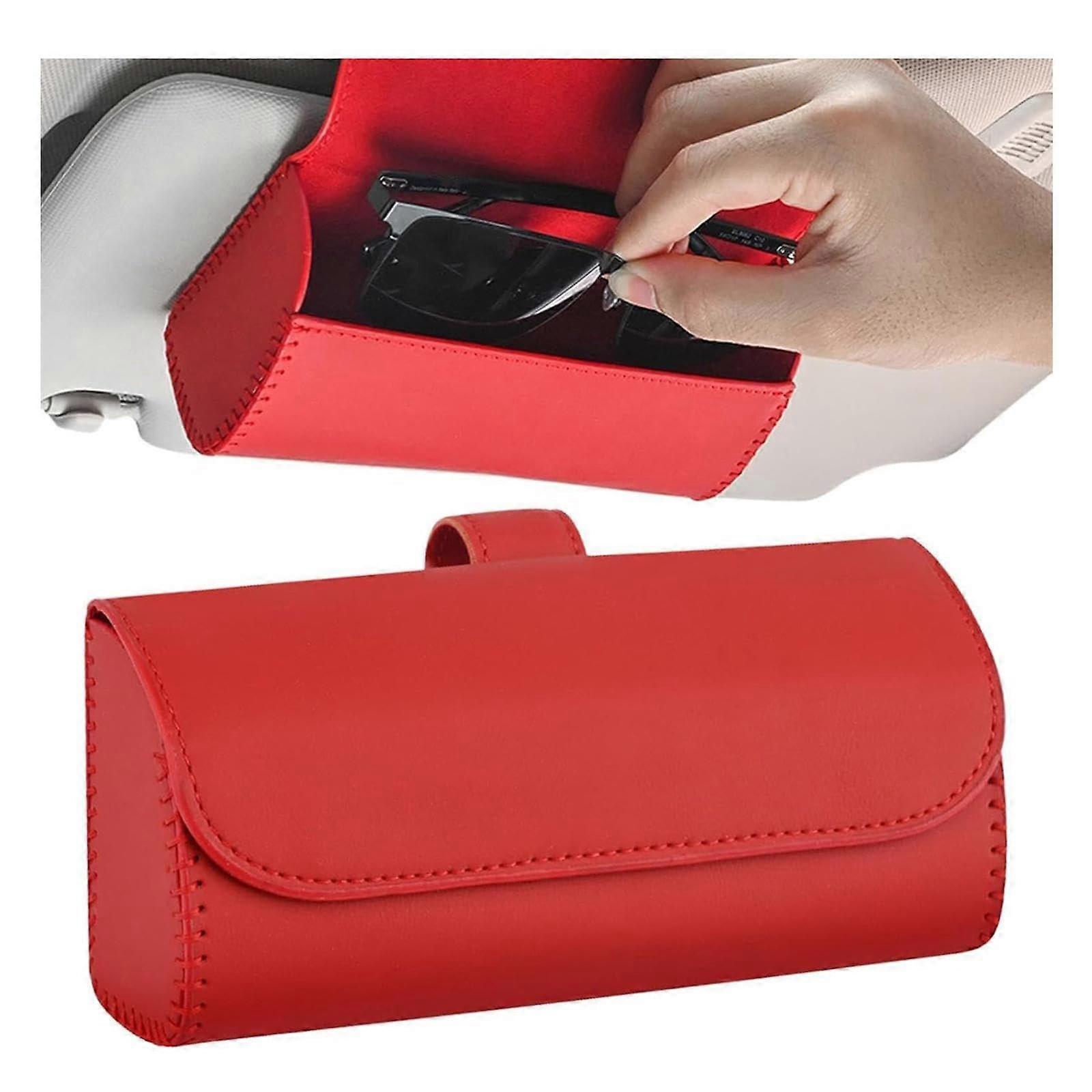 Car Sunglasses Case Leather Car Visor Glasses Case Auto Organizer Red
