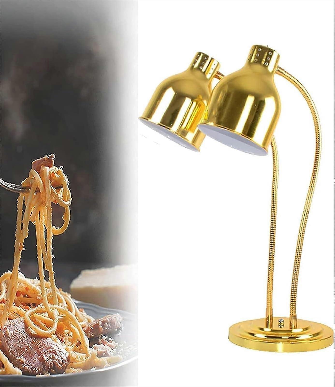 Commercial Food Warming Lamp with Double-Head Design, Gold Buffet Warmer for Restaurant and Home Use, Free Standing Heating Table