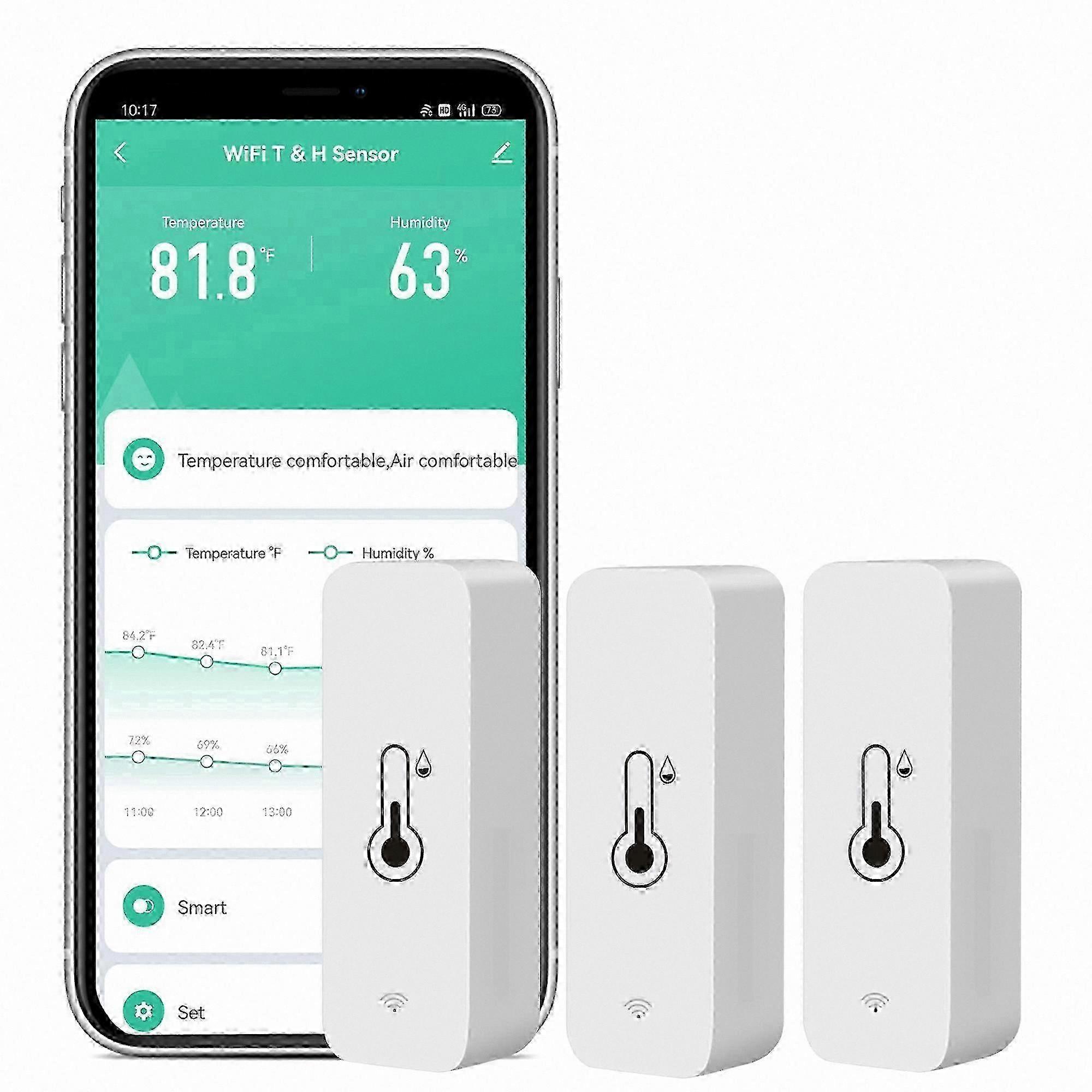 Wireless Temperature Humidity Sensors, 3-Pack: App-Enabled Monitoring with Alerts & Cloud Data Storage