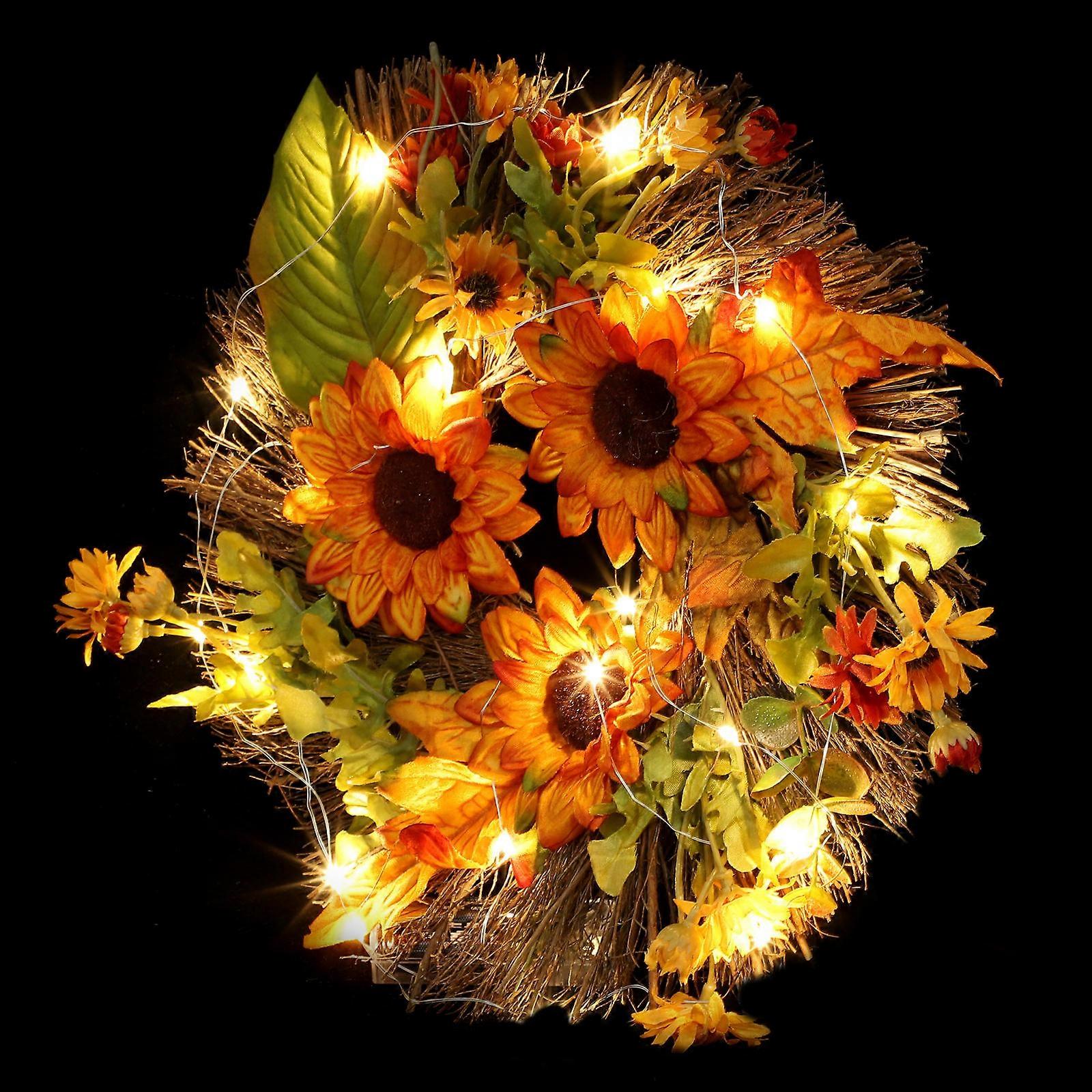 Artificial Sunflower Wreath for Door Hanging with Lights 2Pcs Decor