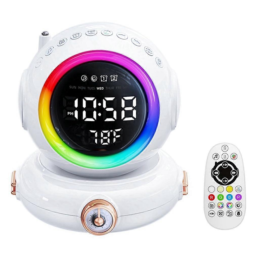 Wake Up Light Bluetooth Speaker with FM Radio, Colorful Astronaut Night Lamp, White Mini Alarm Clock, Portable LED Light