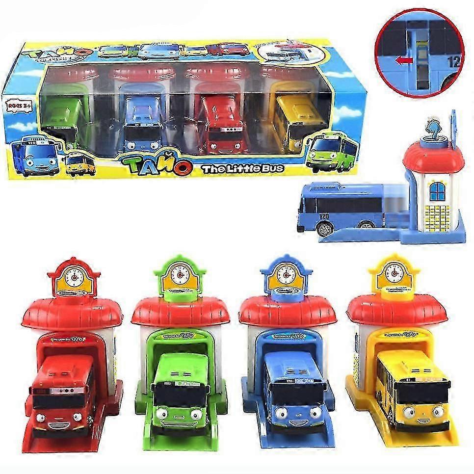 4pcs/set Scale Model Tayo The Little Bus Children Miniature Bus Baby Oyuncak Garage Tayo Bus Ejection Impact Car Vehicle