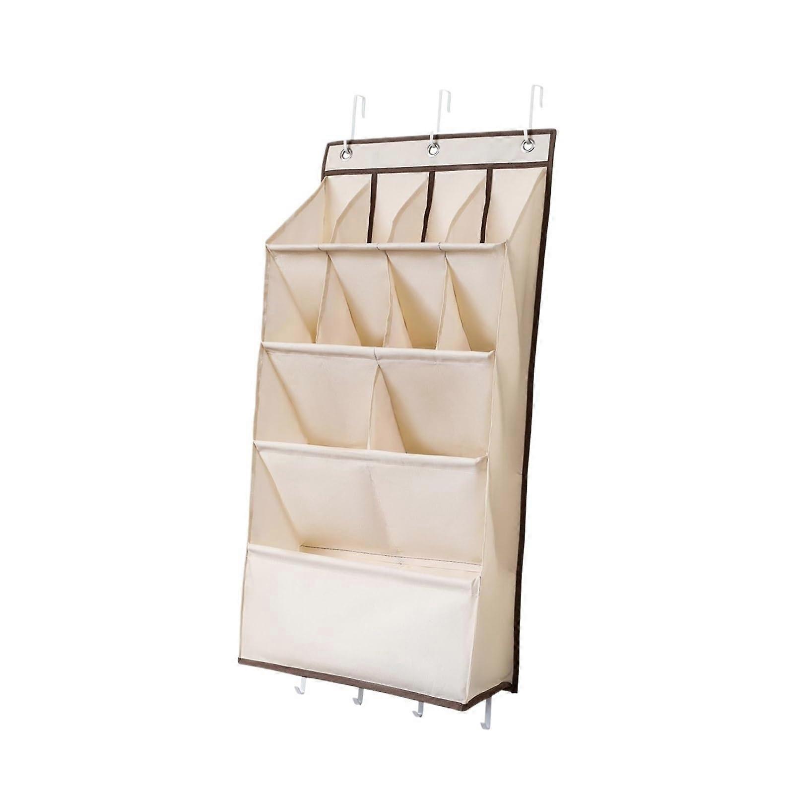 Over the Door Shoe Rack with Deep Pockets and 7 Hooks for Clothes, Bags, Hats, Toys, Towels, Beige 11 Grids