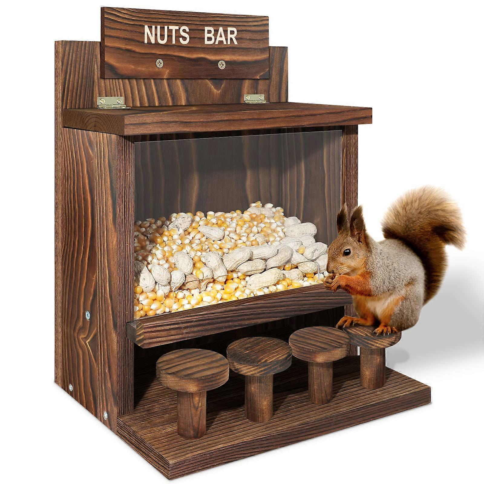 Large Wooden Squirrel Feeder Box for Outdoors with Carbonized Finish, Funny Nut Bar for Corn and Peanuts