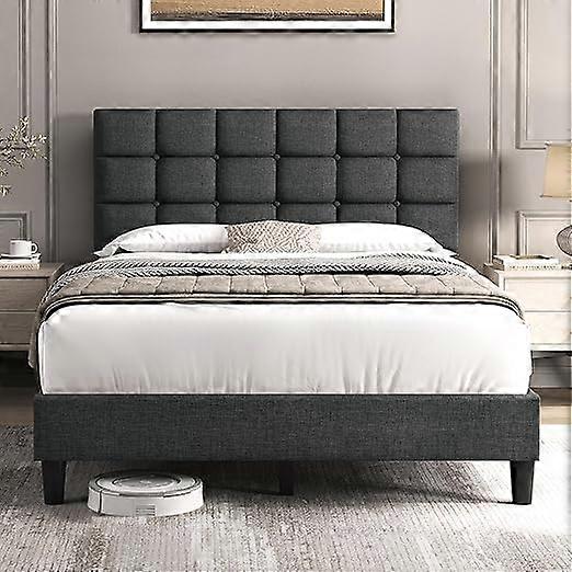 Modern Full Size Upholstered Platform Bed with Adjustable Height and Square Stitched Button Tufted Headboard